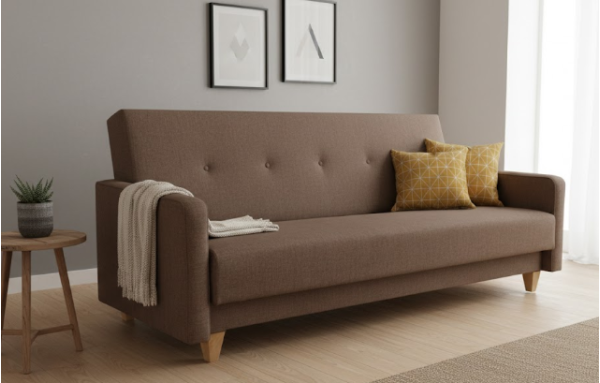 Wersalka Adam czekoladowy brąz na sprężynach z funkcją spania i pojemnikiem